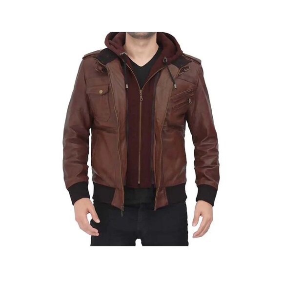 Men's Guerrilla Hooded Bomber Leather Jacket “ Genuine Leather, Removable Hood - Picture 1 of 3
